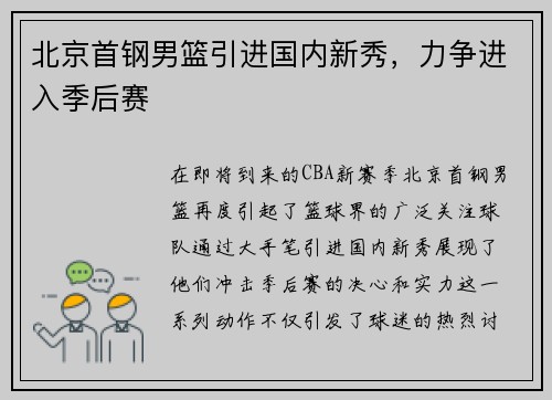 北京首钢男篮引进国内新秀，力争进入季后赛